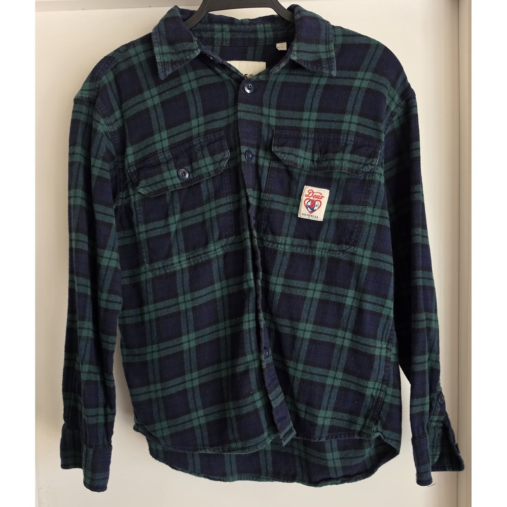 Deus Ex Machina Flannel Shirt Size 10 Long Sleeve Plaid Green Blue Cotton